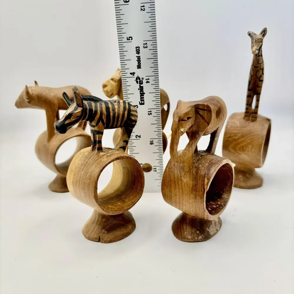 Vintage Set of 5 Hand Carved African Safari Animal Wooden Napkin Rings Footed